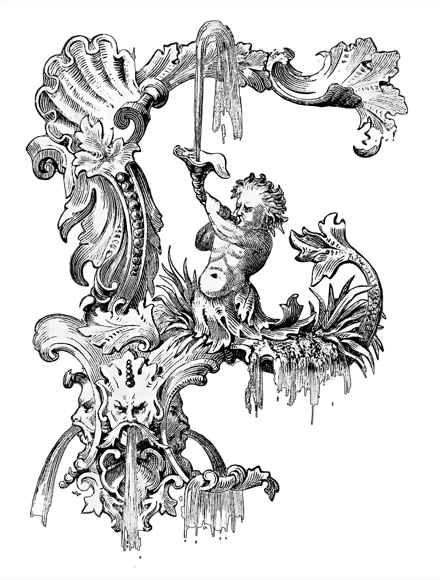 Capital F (Letter) with an illustration showing a fountain
