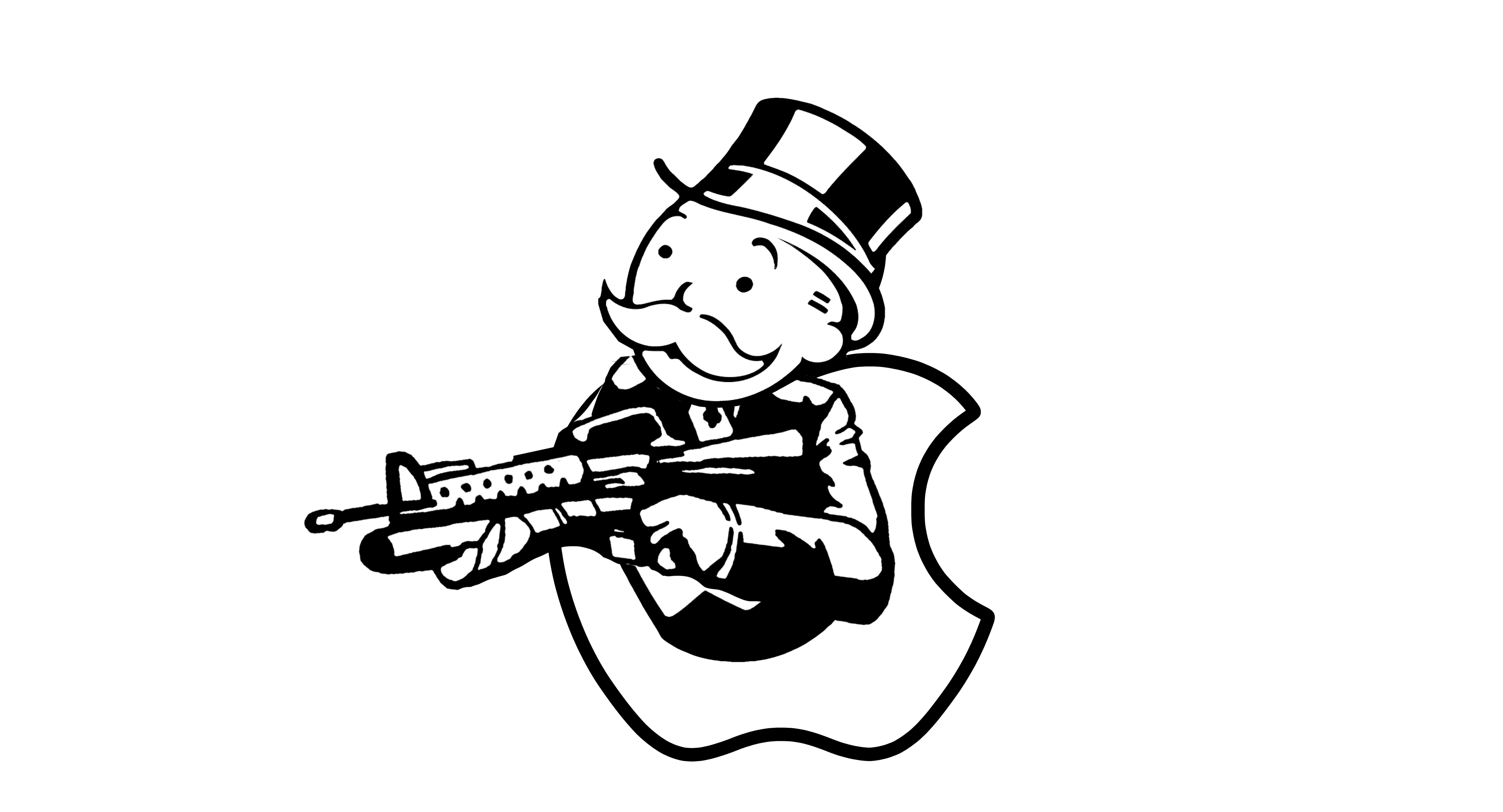 Apple Logo with a gun carrying Monopoly Mascot