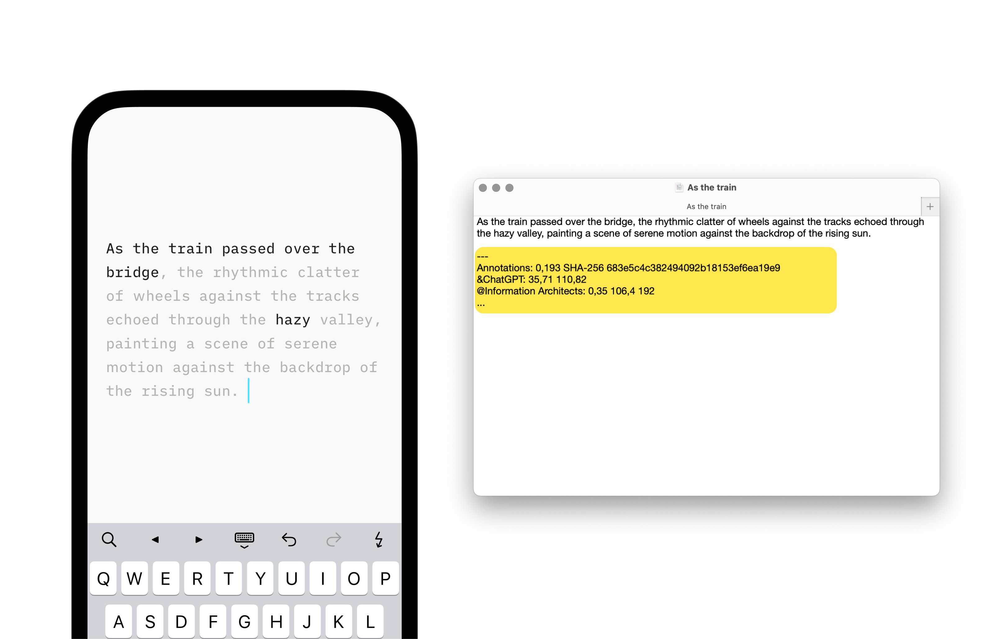 Two side-by-side screenshots: on the right, a text in Writer with parts marked as AI, and on the left, the same text in another text editor showing authorship annotations at the bottom.