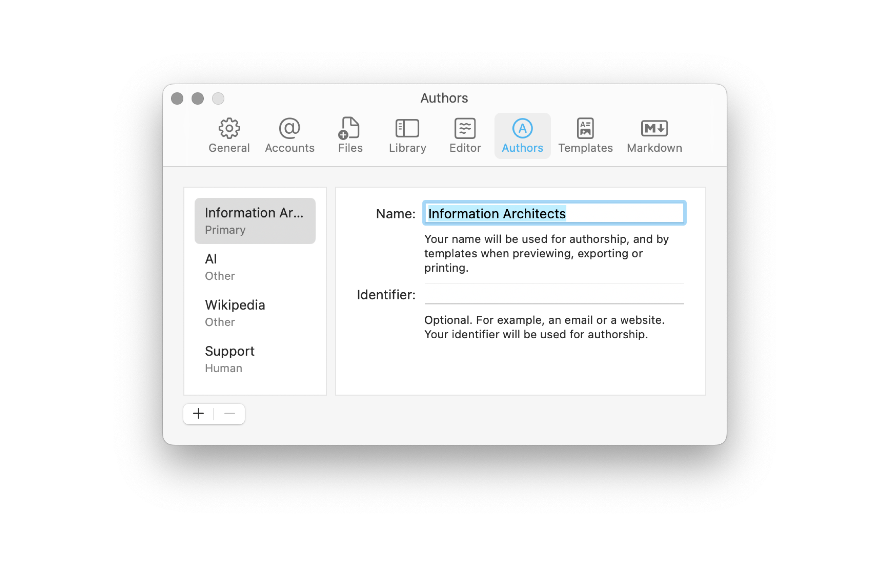 A screenshot of the Authors tab from the Settings in iA Writer.