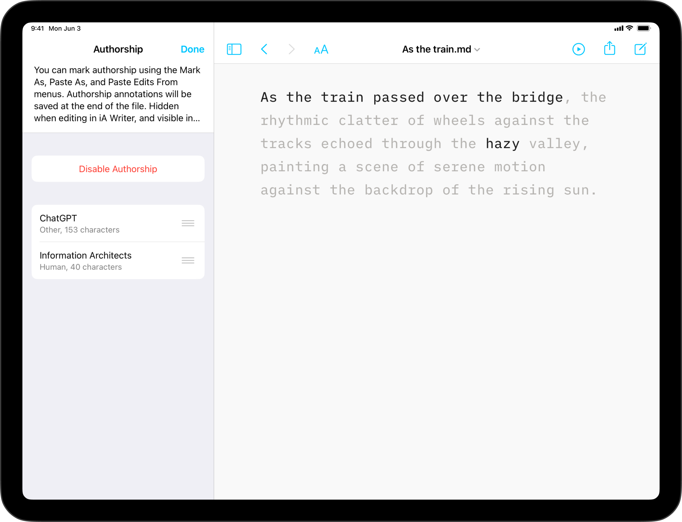 A screenshot of the Authorship submenu.