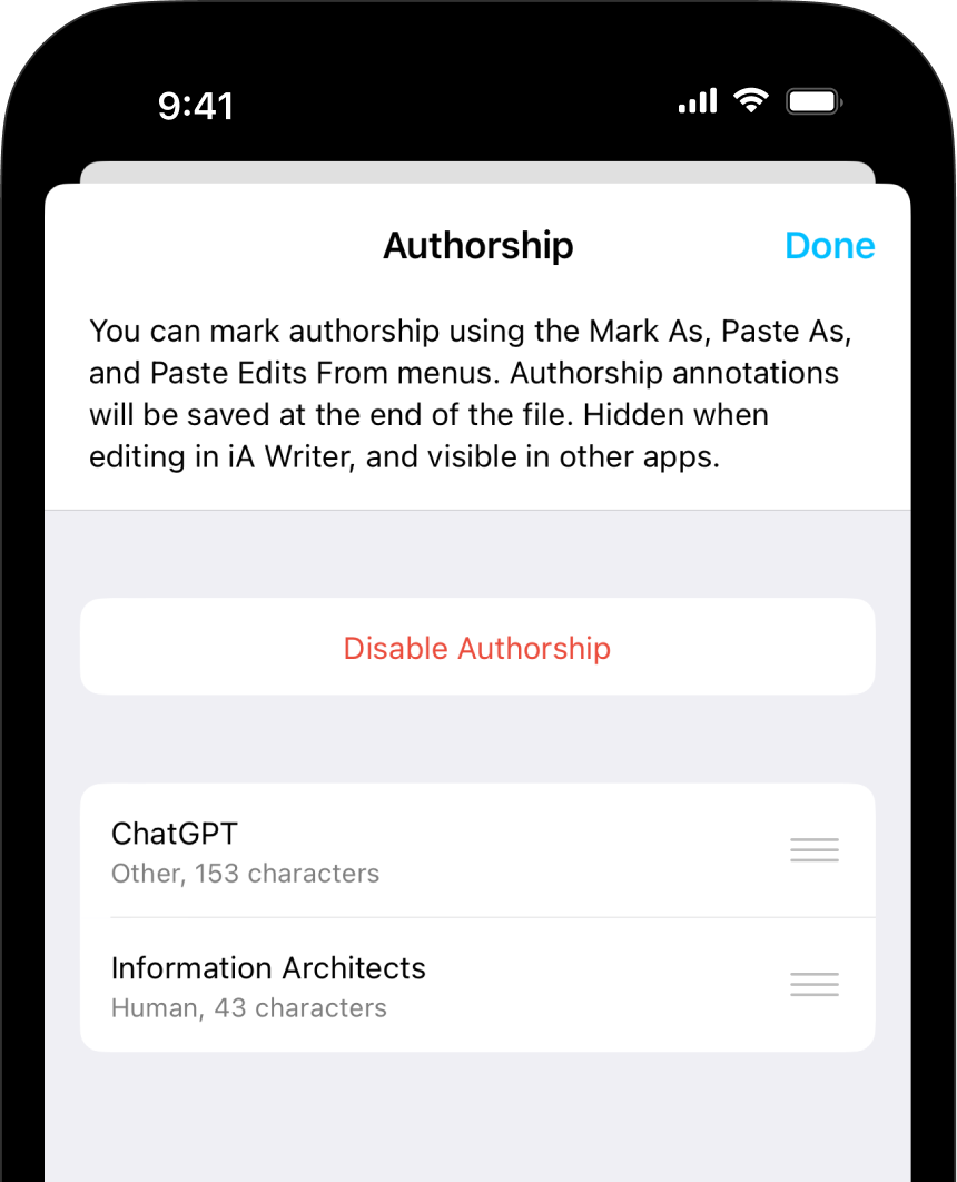 A screenshot of the Authorship submenu.