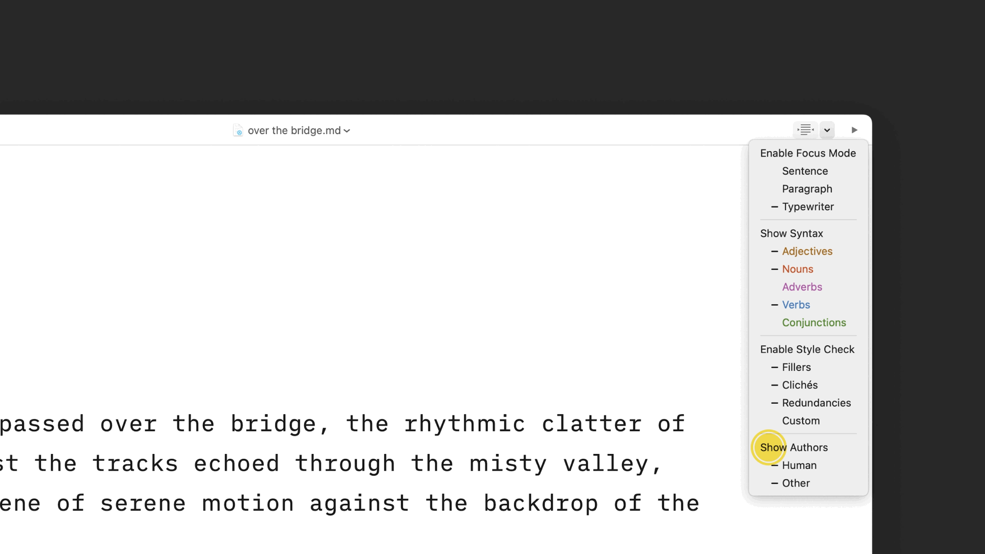 A GIF showing a close-up of the top-right Focus menu, highlighting where to enable Authorship.