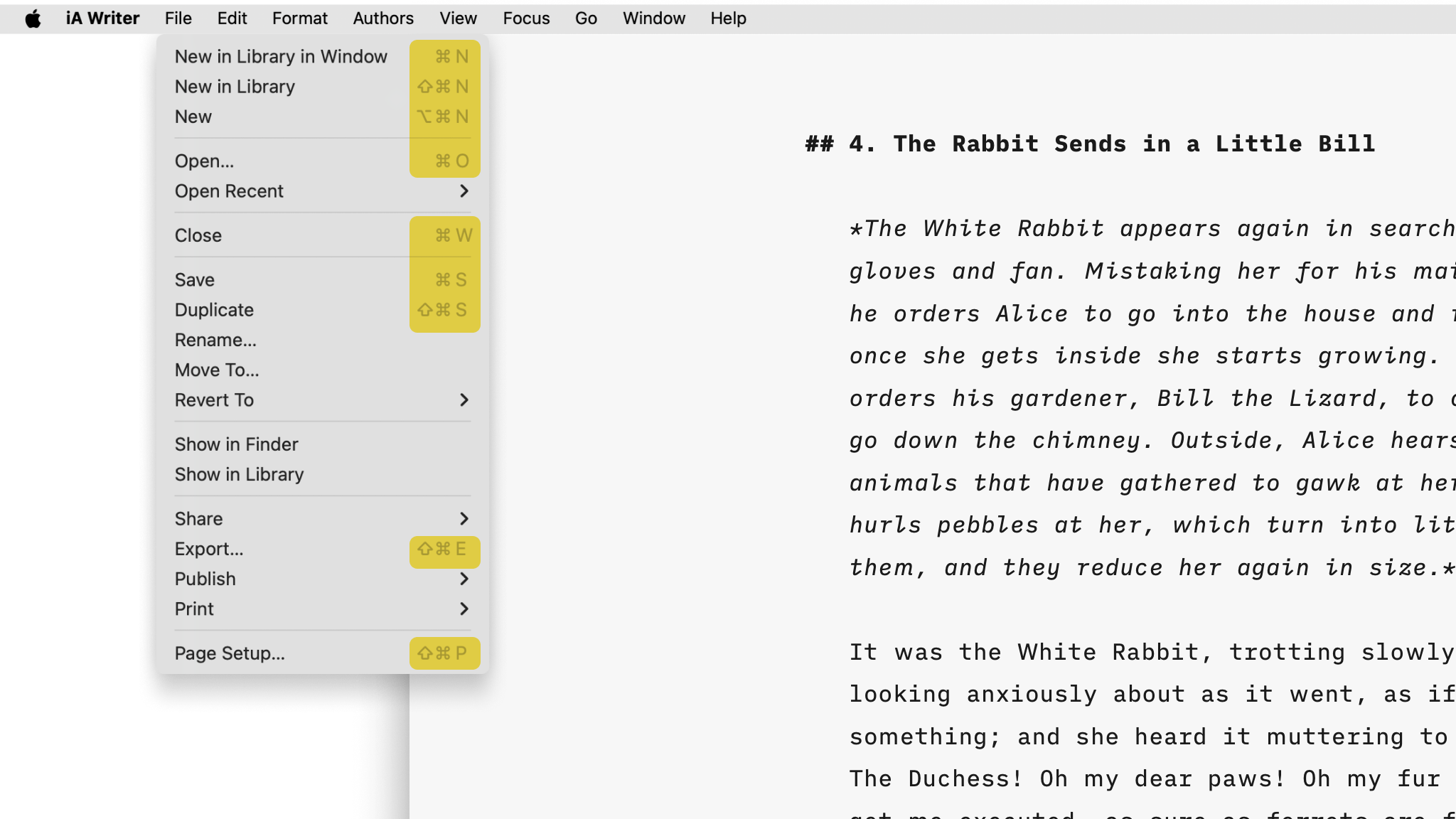 A screenshot of the File menu with action shortcuts highlighted on the right side.