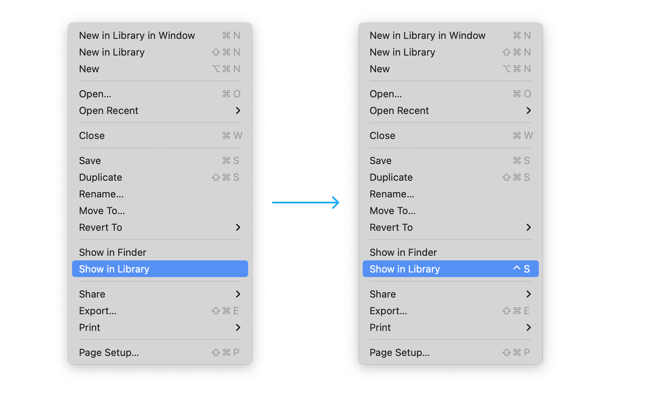 Side by side screenshots of the File menu before and after adding the custom shortcut.