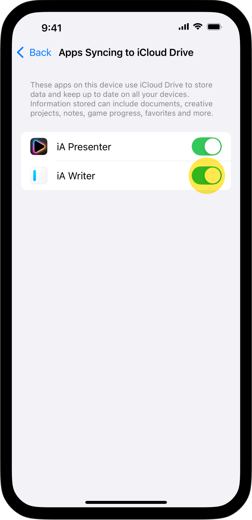 A screenshot of the iOS Settings, apps synced to iCloud Drive.