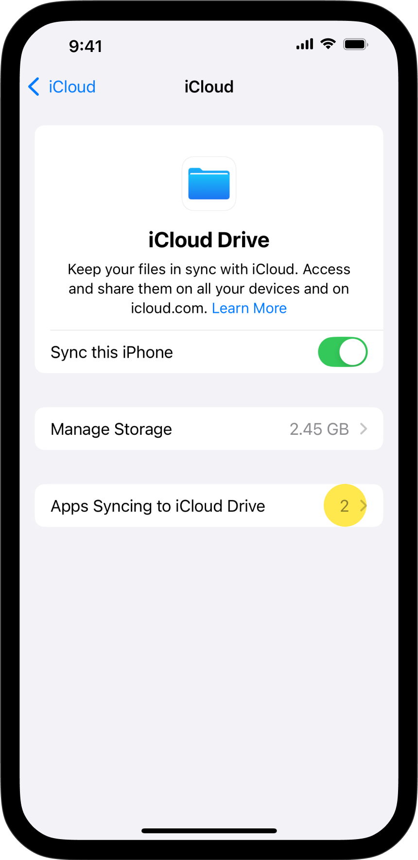 A screenshot of iOS Settings about the iCloud Drive.