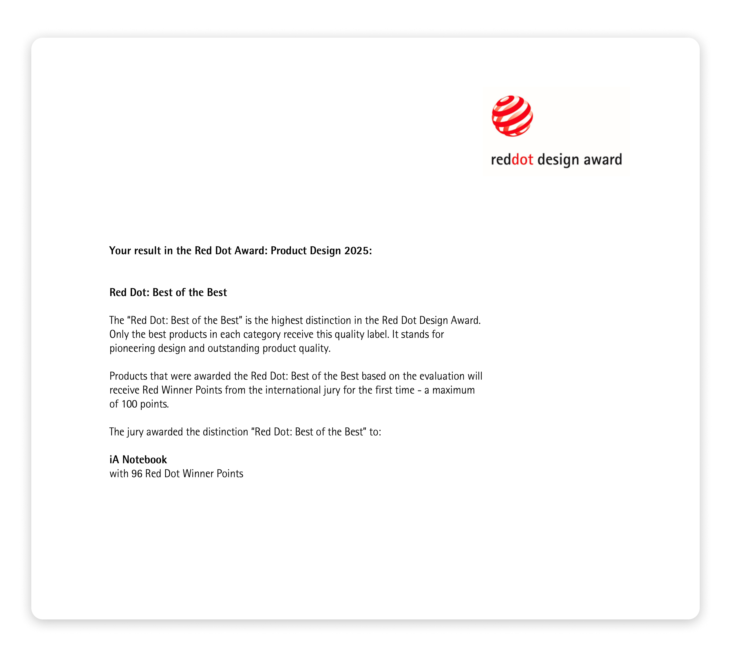 Red Dot Award for iA Notebook